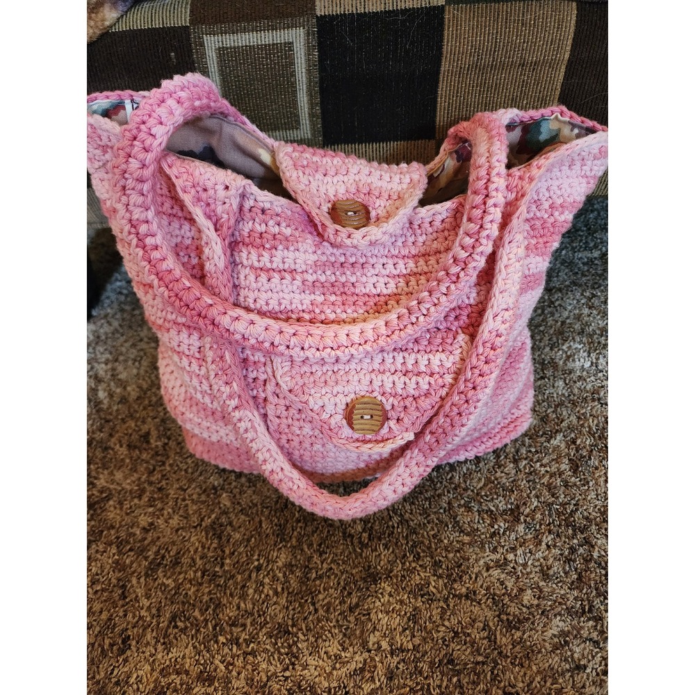 Handmade Crochet Pink Ombre Tote Bag Boho Shoulder Bag Lined Wood Button EUC